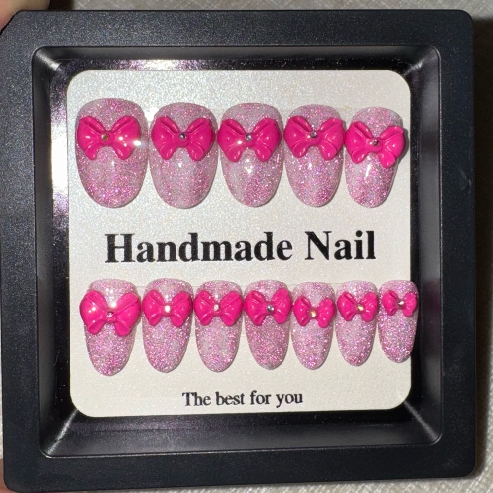 Handmade 3D Pink Bow Glitter Press-On Nails | Coquette & Dollcore Aesthetic